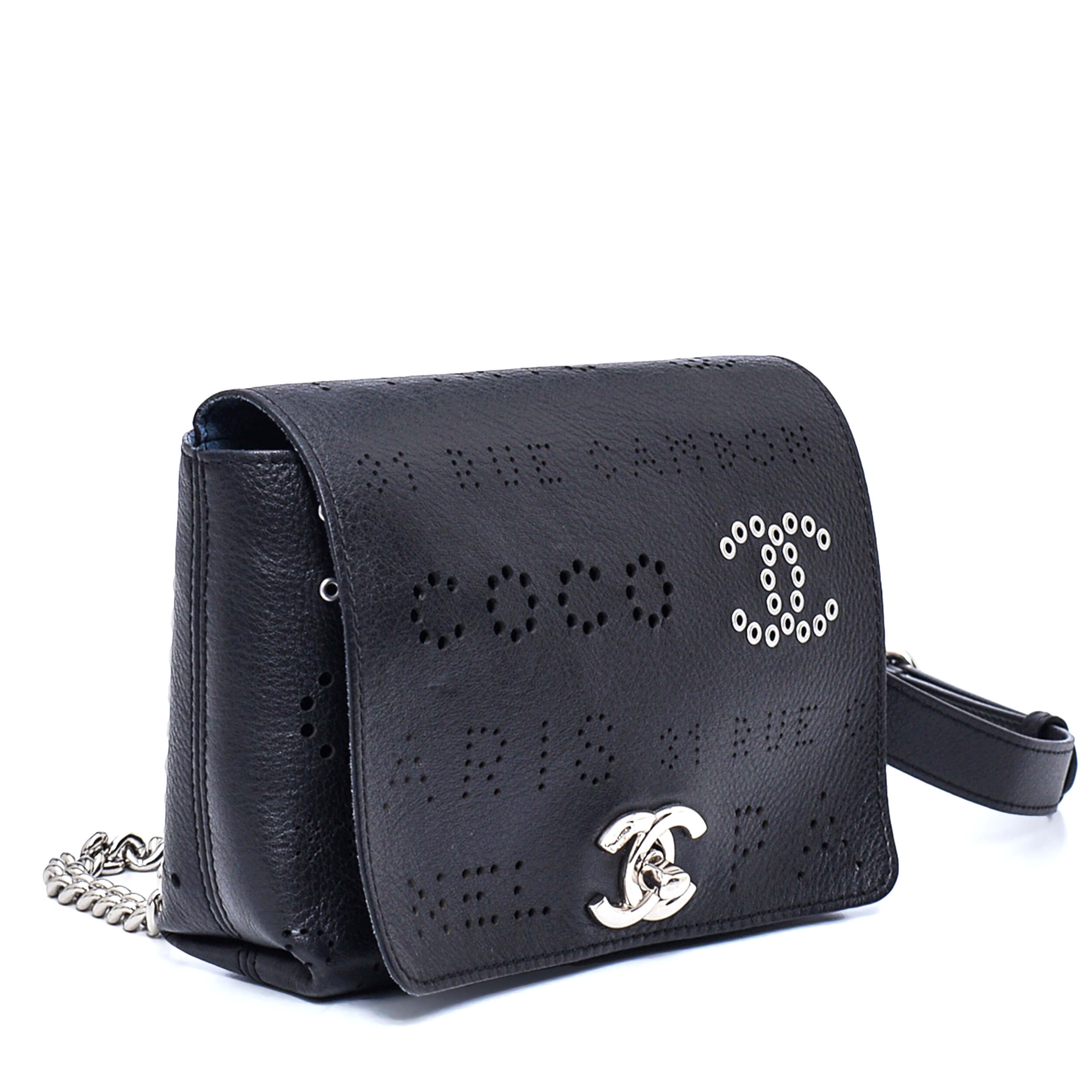 Chanel - Black Perforated Calf Leather CoCo Eyelet Flap Belt Bag with Tweed Pouch